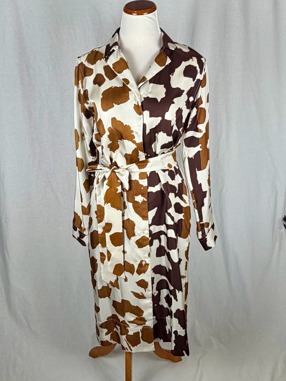 Sara Roka 100% Silk Belted Shirt Dress Brown Cream IT 42 US 6 - Never Worn!